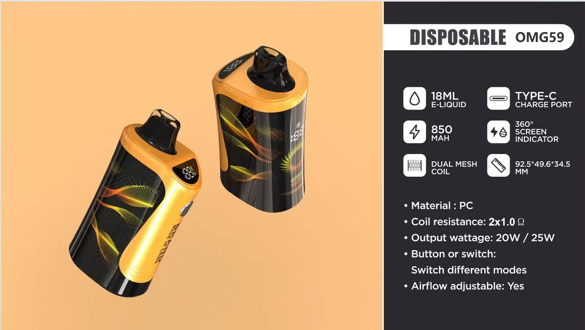 Catalog specification sheet for the OMG59 disposable: 18ml e-liquid, 850mAh, dual mesh coil, Type-C charging, 360-degree screen indicator, 92.5 by 49.6 by 34.5 millimeters