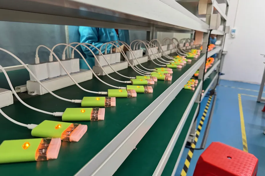 Finished devices connected for charge and function testing along a production line