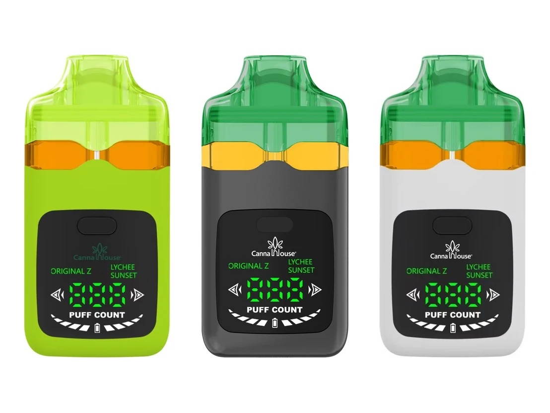 Three CannaHouse dual-flavor devices in lime, gray and white