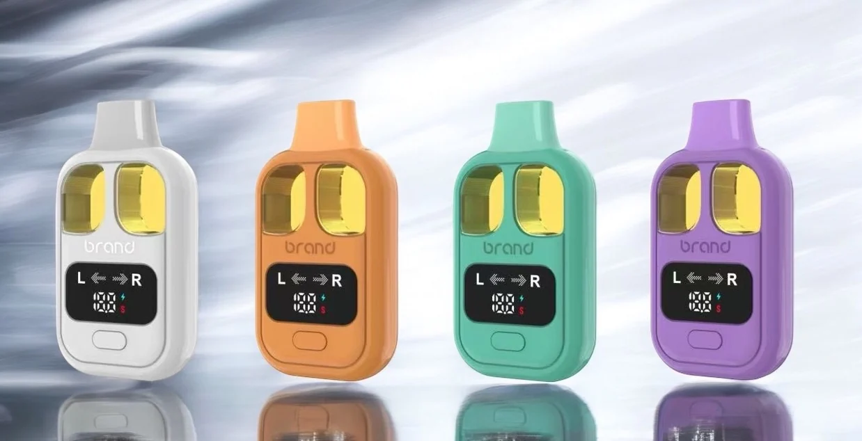 One dual-tank device shown in four custom colorways — white, orange, teal and purple — each carrying a placeholder brand mark