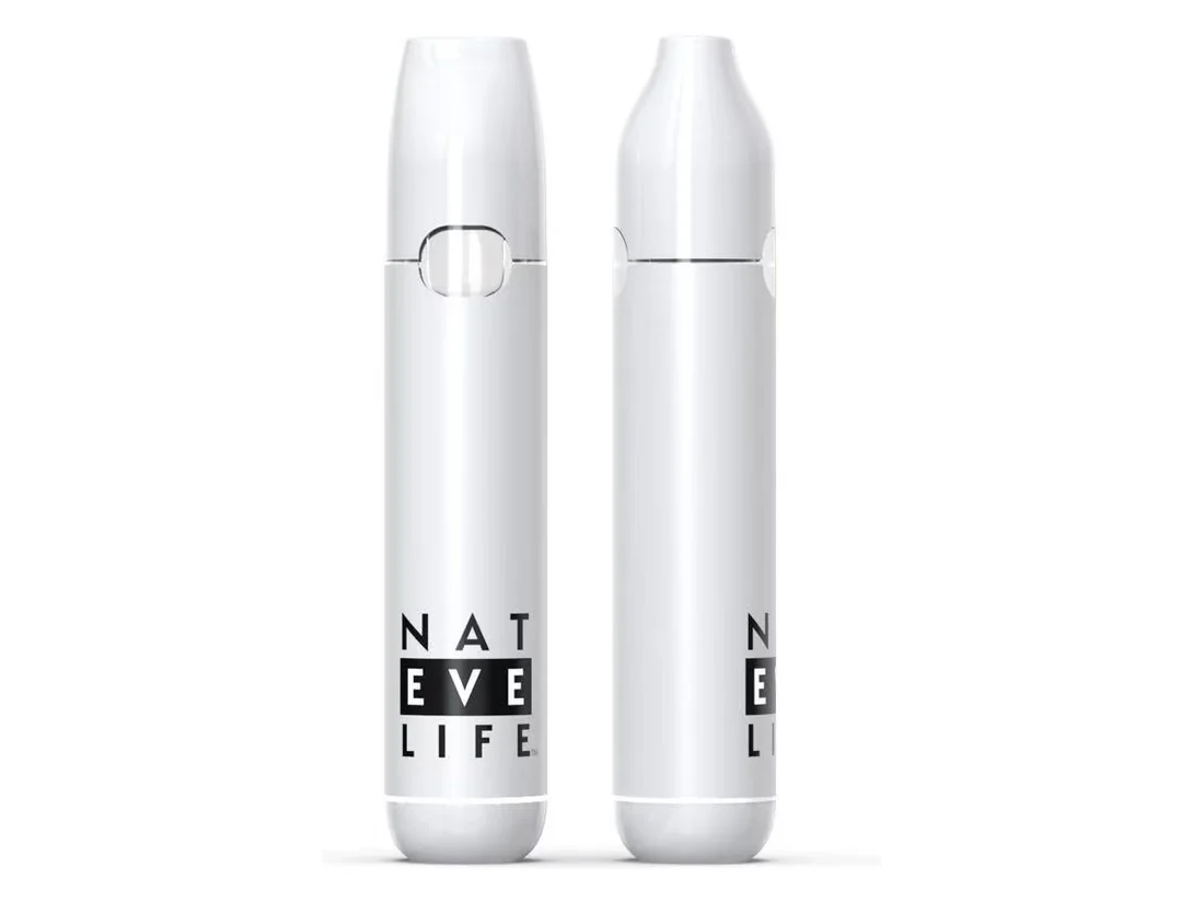 Two NAT EVE LIFE disposable vaporizers in gloss white with a black wordmark