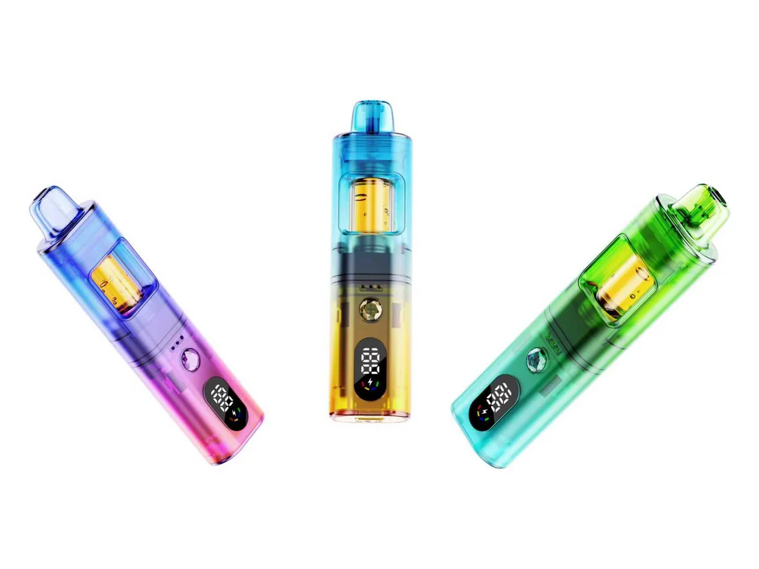 Three transparent vaporizers in rainbow gradients with visible tanks and digital displays