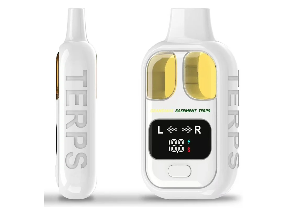 Grandma's Basement Terps device in white with debossed side lettering, front and side views