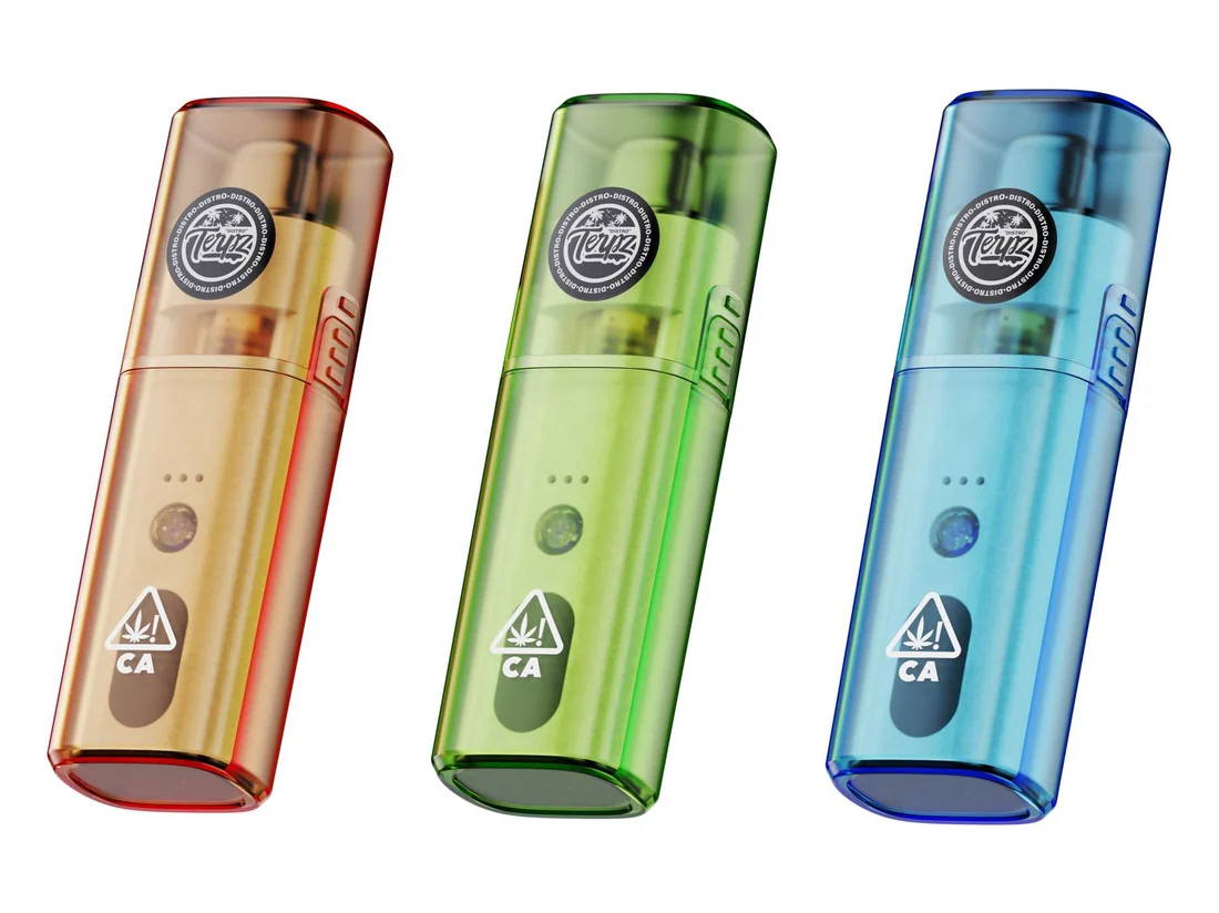 Three Teuzz Distro devices in translucent red, green and blue