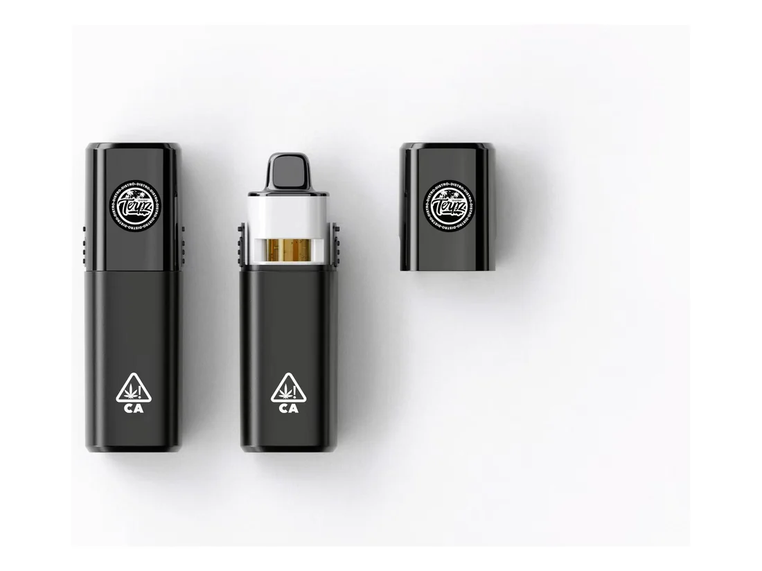 A Teuzz Distro device shown as a separated pod and battery alongside an assembled unit