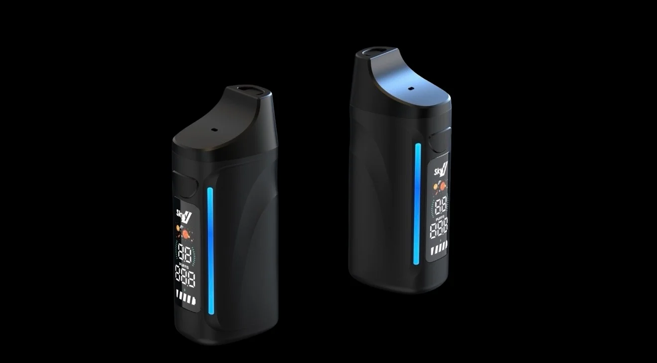 The Omega Elite all-in-one vaporizer, two units shown at angle with illuminated light bars and digital displays