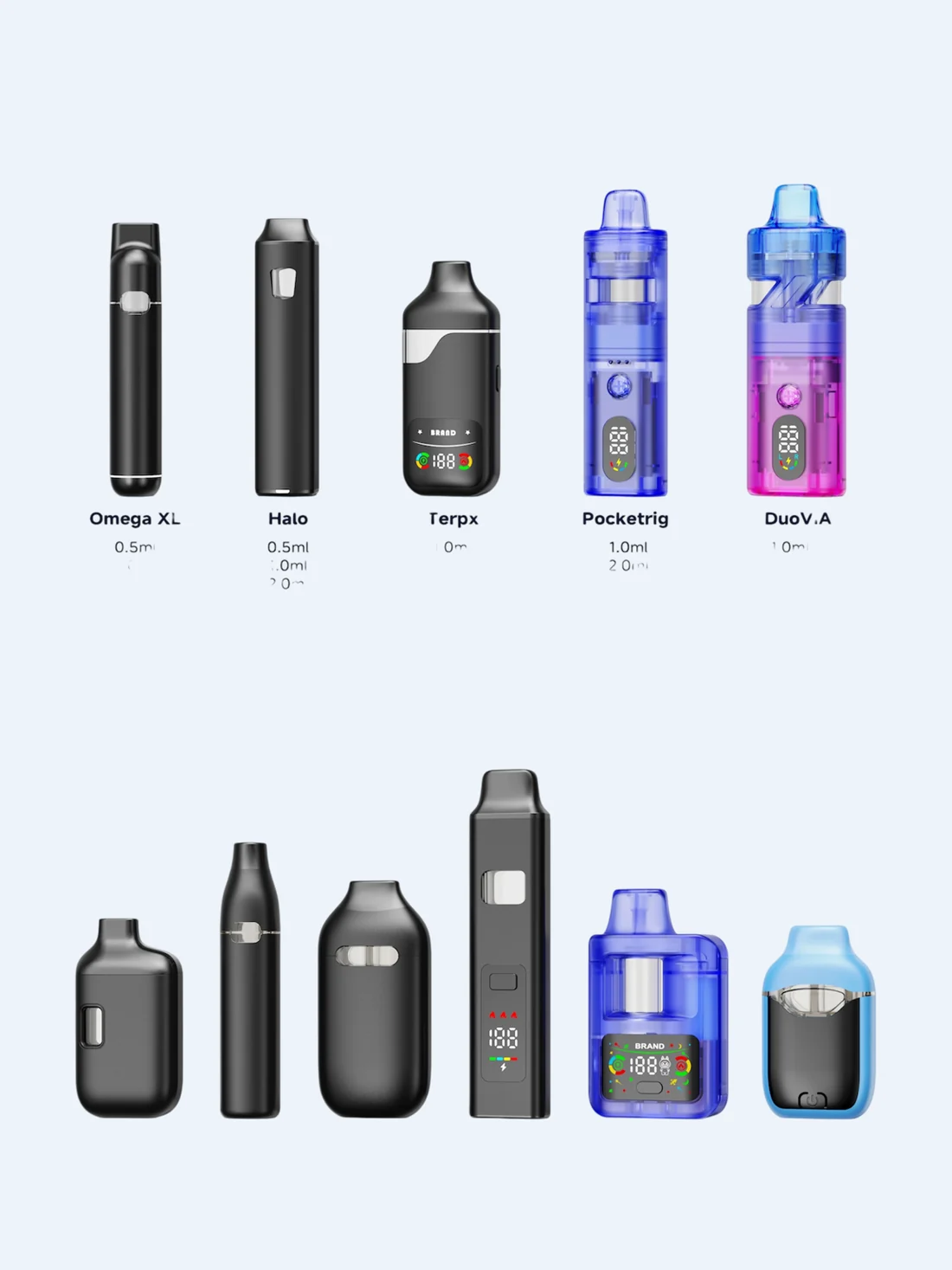 Renders of a range of vaporizer hardware formats: disposable pens, all-in-one devices, pod systems and cartridges in several sizes and finishes